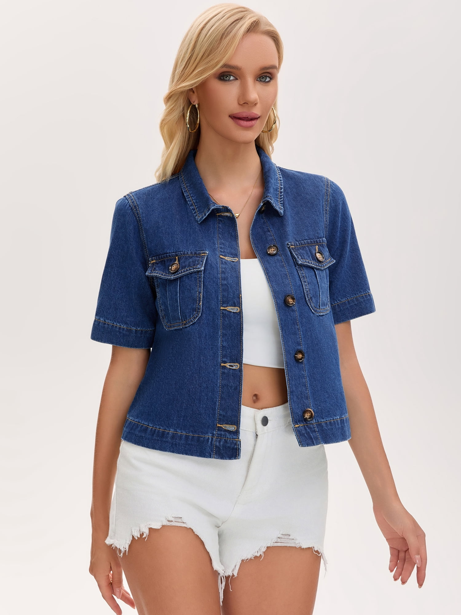 DARING DIVA Women's Button Down Casual Short Sleeve Denim Shirt With Pockets S Dark Blue