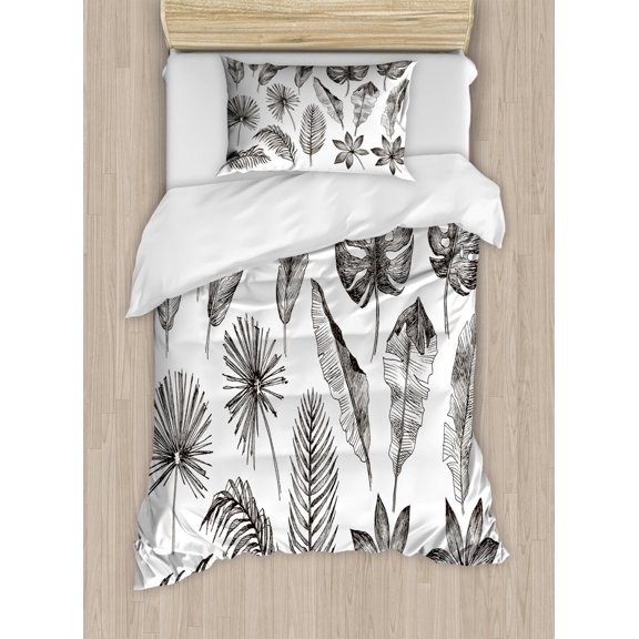 Philodendron Duvet Cover Set Twin Size, Engraving Look Monochrome Monstera and Palm Leaves Rhythmic Print, Decorative 2 Piece Bedding Set with 1 Pillow Sham, Charcoal Grey and White, by Ambesonne