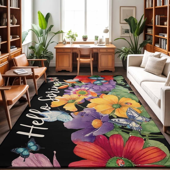 Area Rugs 5'x7', Spring Flowers Carpet Runner Indoor Outdoor Rugs Home Decor Aesthetic, Watercolor Country Colorful Floral Black Non Slip Mats Washable Accent Rug for Living Room Bedroom