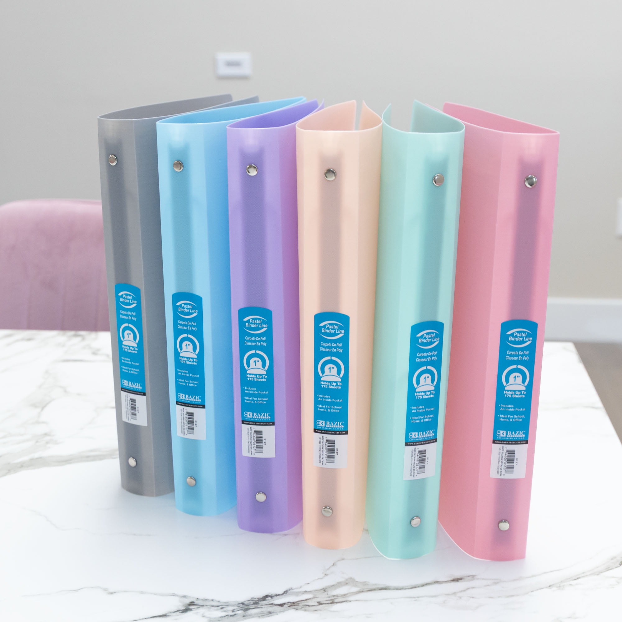 BAZIC 3 Ring Binder 1" Poly Binders Organizer - Pastel Color Soft Cover, Hold 175 Sheets, 48-Count