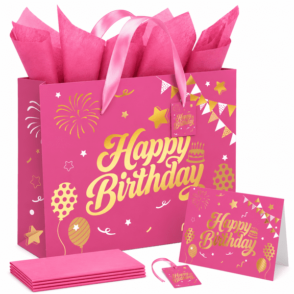 Pink Happy Birthday Gift Bag Set with Tissue Paper, Greeting Card and Tag, 12.6 x 4.7 x 10.2 Inch Medium Paper Bag with Gold Foil Design
