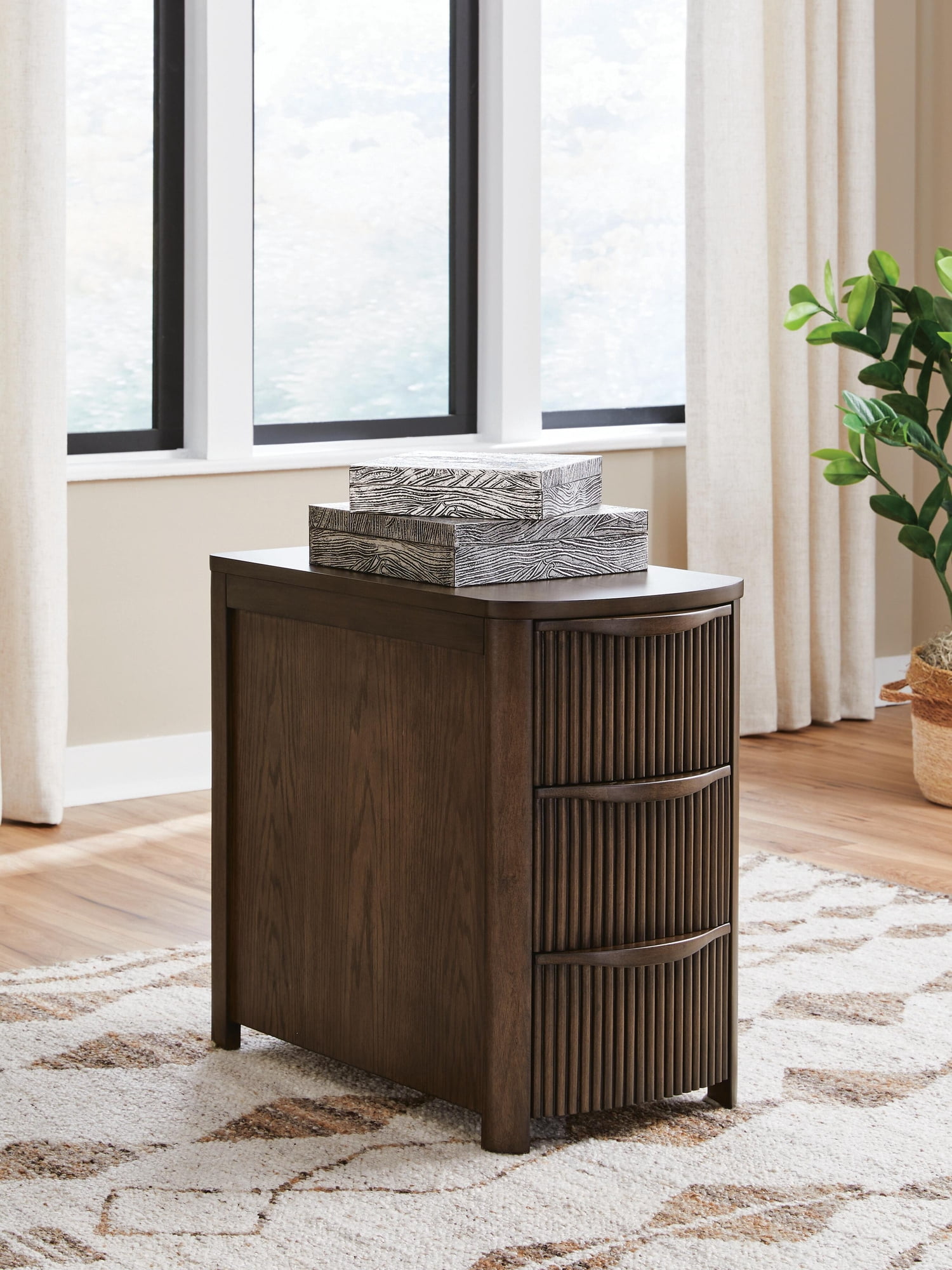 Camdill Chairside End Table with USB Charging Ports and 3 Drawers, Dark Brown Wood Finish
