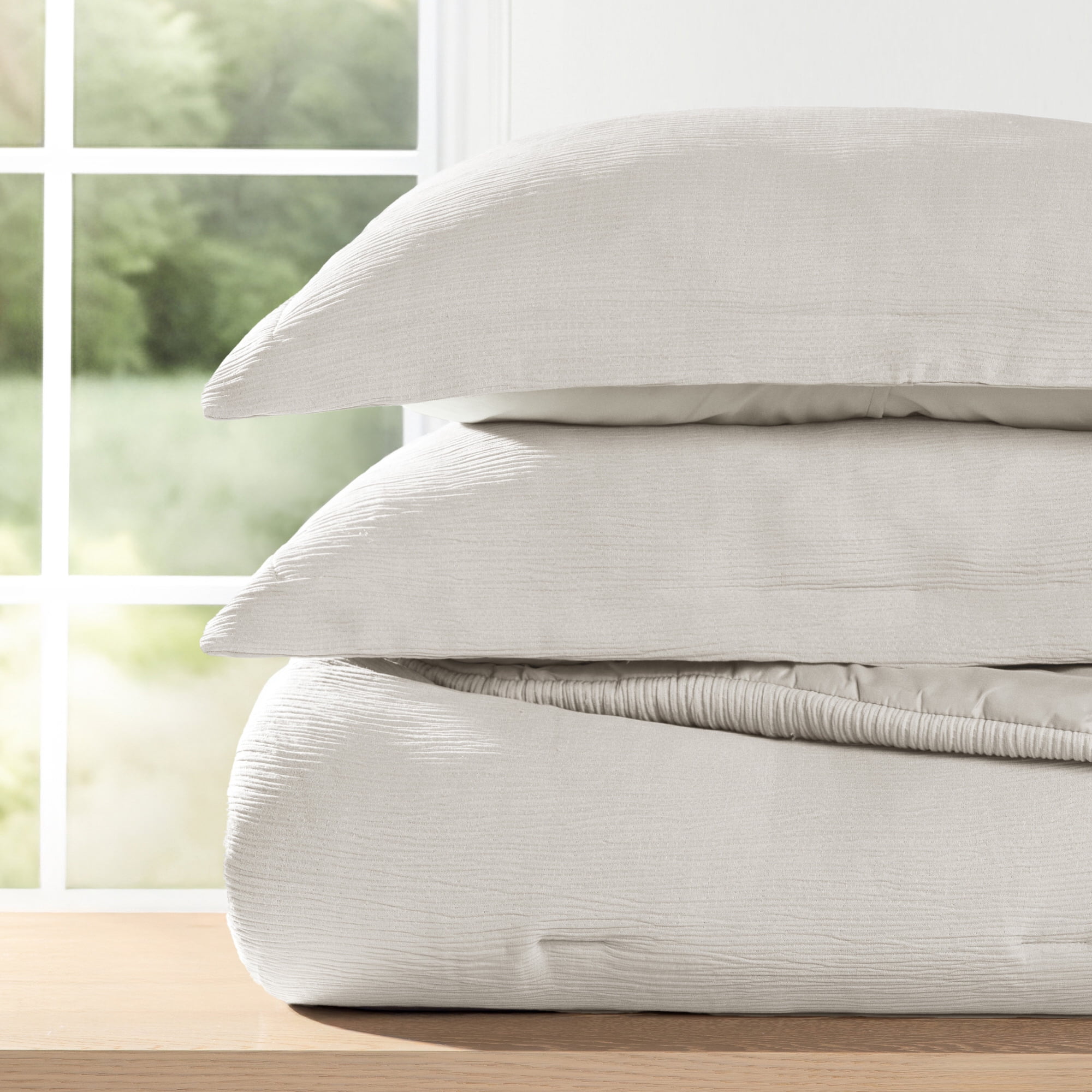 Noble Linens 3 Piece Cloud Gauze Textured All Season Down-Alternative Comforter Set, Dune, King/Cal-King