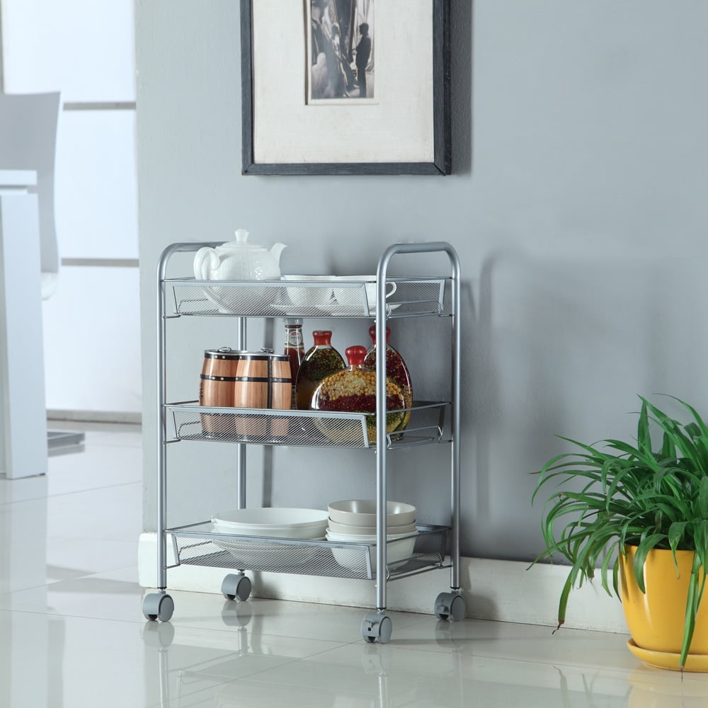 3Tier Wire Rolling Cart, SpaceSaving Removable Storage Cart, Mesh
