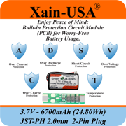 1S2P High-Capacity High-Drain 3.7V - 6700mAh Li-ion Battery Pack, with JST-PH 2-Pin Plug, 152% more power than 4400mAh, for Electronics, Solar Lights, GPS, Meshtastic Solar Node Project, Speakers