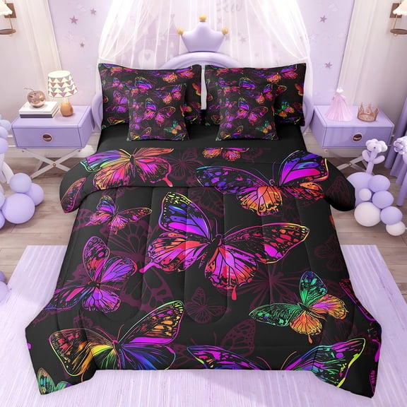 Feelyou Kawaii Butterfly Kids Bedding Comforter Set 7 Pieces, Bohemian Mandala Full Bedding Set, Dreamy Cartoon Animal Reversible Fitted Sheet Flat Sheet, Breathable Home Decor