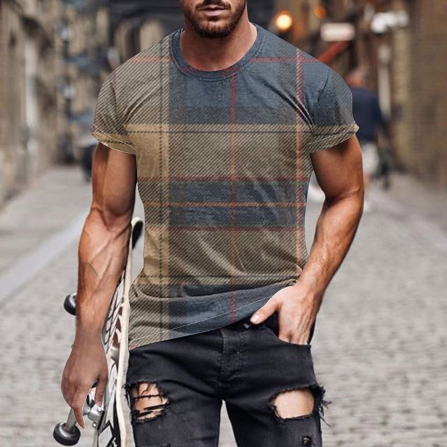 ylioge T-shirt à Manches Courtes Col Rond Imprimé à Carreaux pour Hommes