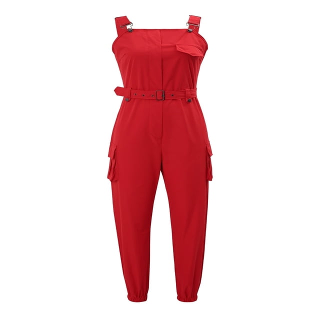Combinaison Cargo Décontractée Sans Manches pour Femmes avec Poches Ceinture Pantalon Crayon Ample Rouge P