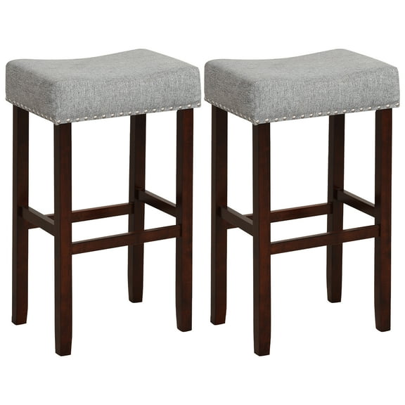 Costway Set of 2 Bar Stools Bar Height Saddle Kitchen Chairs with Wooden Legs Gray