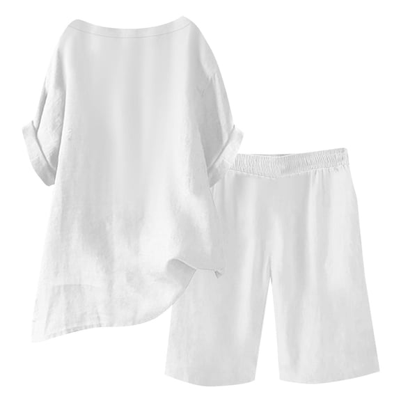 Linen Short Sets for Women 2 Piece Outfits Short Sleeve Button V Neck Shirts and Bermuda Short Sets Vacation Clothes 2026 White 2XL