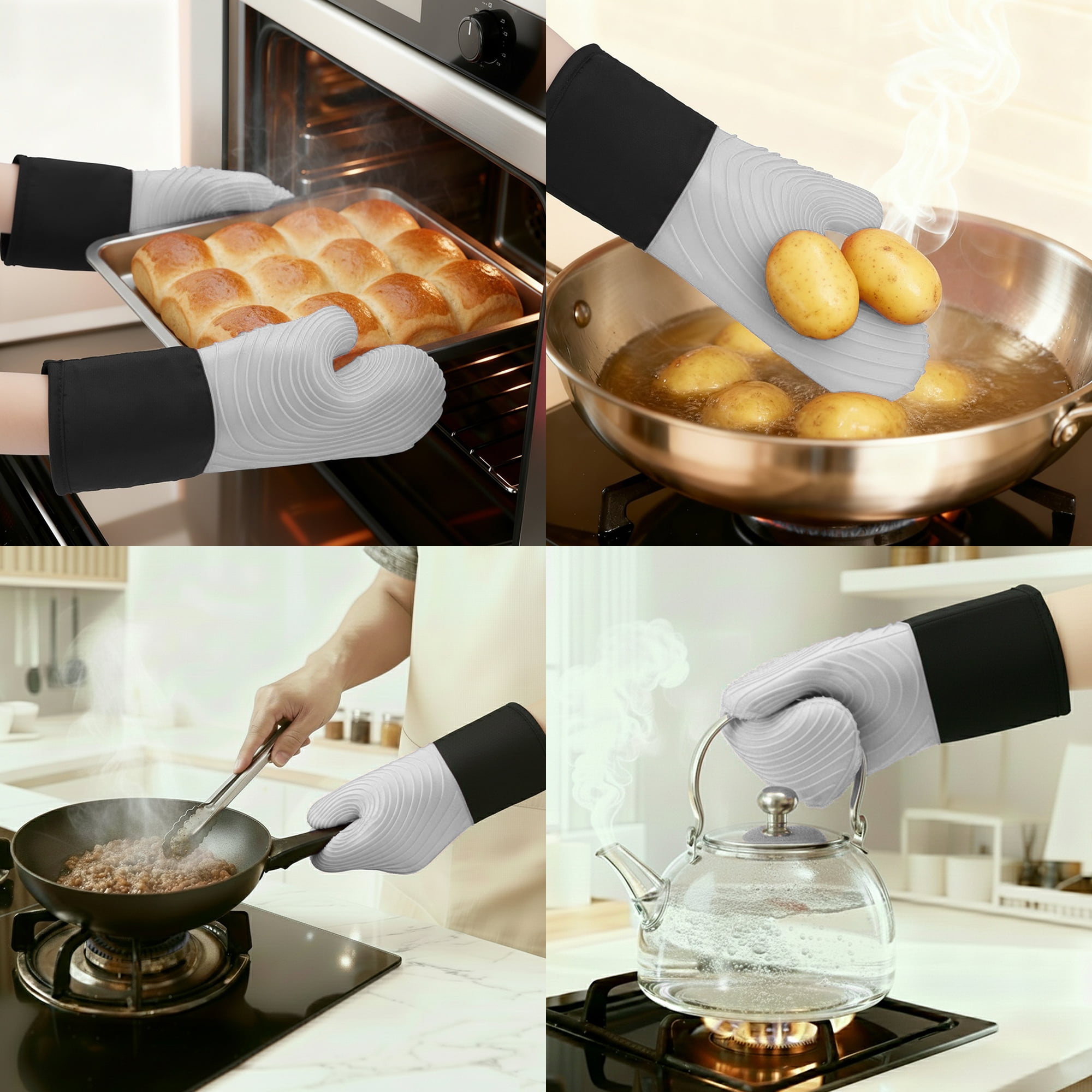 REGALWOVEN Soft Silicone and Cotton Oven Mitts, Heat-Resistant Cooking Gloves, Gripping for Baking, Kitchen Mitts Set of 2 Gray 13.4x7.1inch