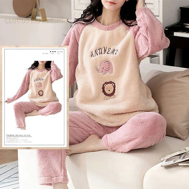 Conjuntos de Pijamas de franela para Mujer, estampado a cuadros de terciopelo con ropa de dormir, Kawaii, para el hogar, Otoño e Invierno