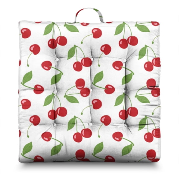 Cherries Floor Pillow – 22x22 Inch Square Meditation Cushion, Dutch Velvet, Pink & Red Fruit Print with Delicious Art Illustration