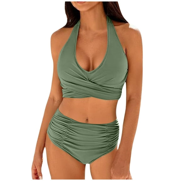 Arnsht Womens Split Solid Color Tummy Control Bathing Suits Modest High Waisted Bikini Sets Cute Halter 2 Piece Beach Swimsuit 2025 Army Green L