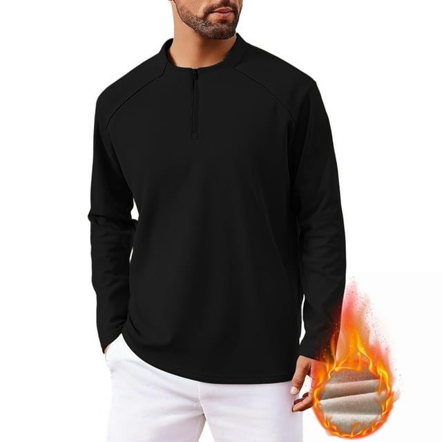 MeetoTime Mens Zipper Fleece Long Sleeved Shirts Fashionable Solid Color Stand-up Collar Bottoming Shirt