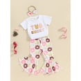 thumbnail image 3 of FEORJGP Toddler Baby Girl Summer Outfits 1-4Y Short Sleeve T-Shirt Crew Neck Shirt Cartoon Letter Print Tops + Doughnut Print Flare Pants + Headband Set Loose Casual 3Pcs Clothes, 3 of 9
