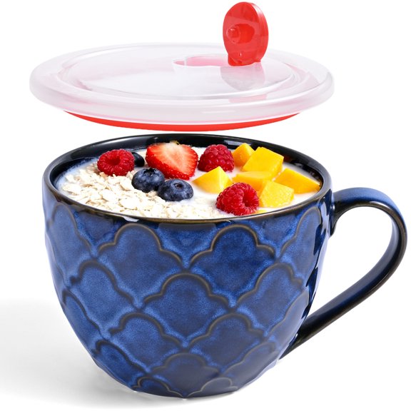 Ceramic Soup Bowls with Handles, 24 oz Microwave Safe Soup Mug/Cup with Lid, Large Ceramic Mug for Coffee, Cereal, Oatmeal, Salad, Ramen, Noodle, Soup, Housewarming Wedding Gift, Reactive Glaze Blue