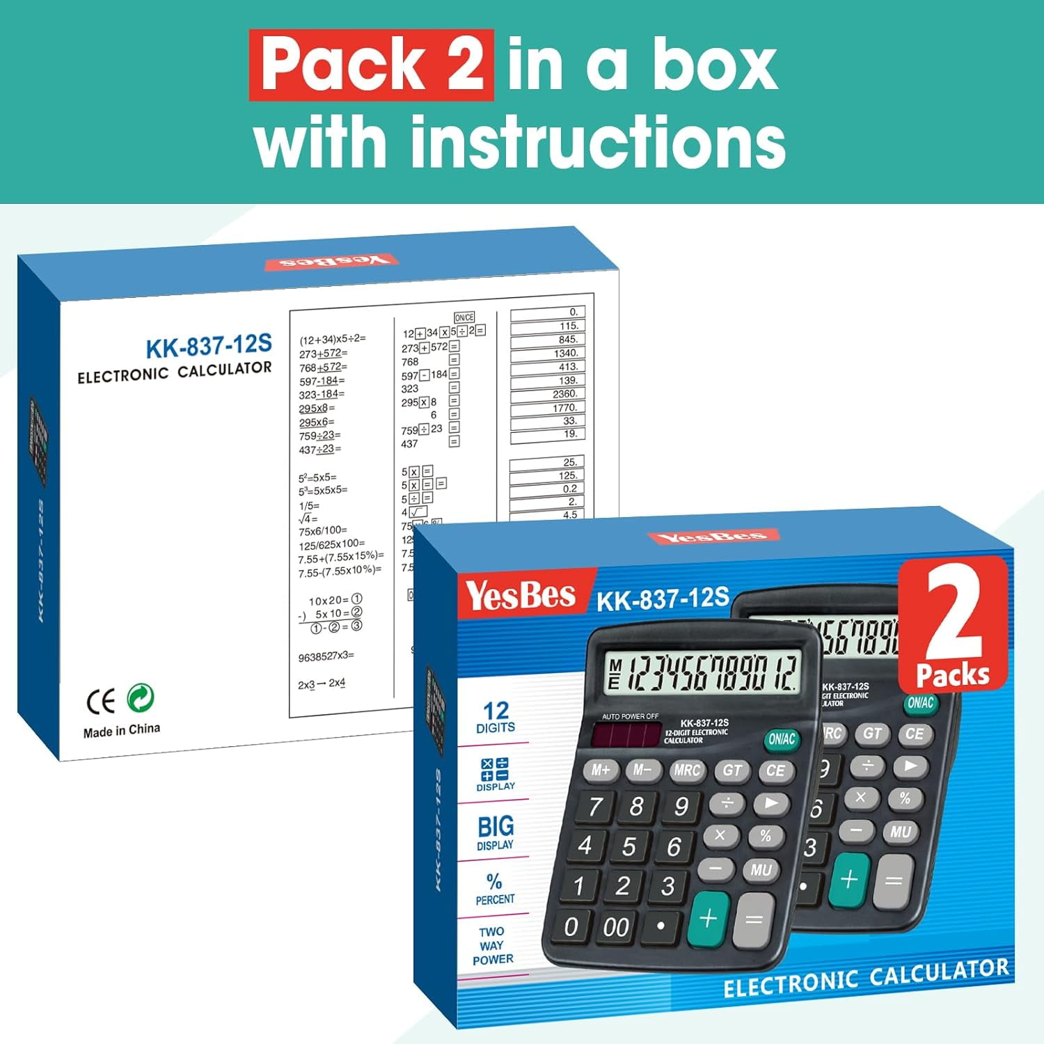 2 Pack Calculator Bulk, 12 Digits Calculators Desktop with Large LCD Display and Sensitive Butto, Solar and Battery Dual Power, Desk Calculator