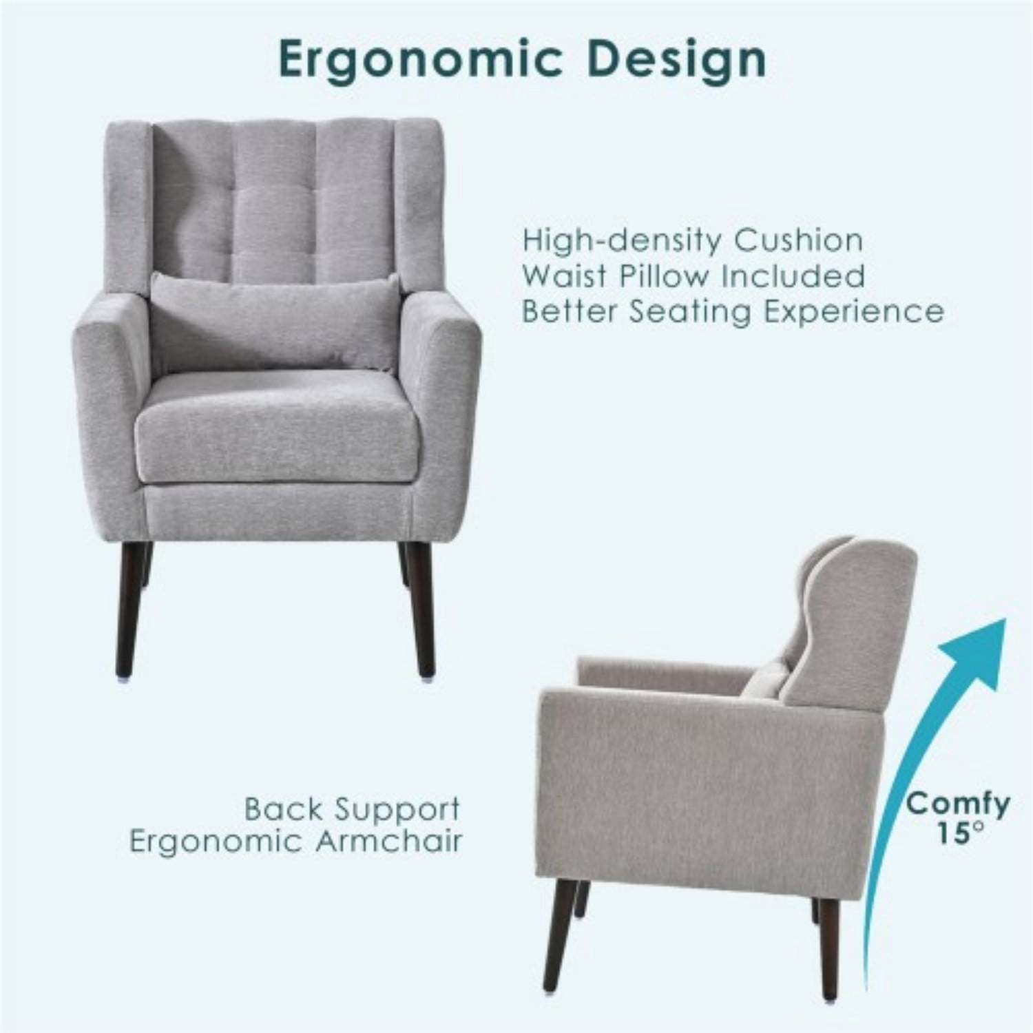 Modern Chenille Accent Chair with Pillow, Upholstered Armchair with Solid Wood Legs, Ergonomic Lounge Chair for Living Room, Bedroom, Reading Room, Small Space, Grey