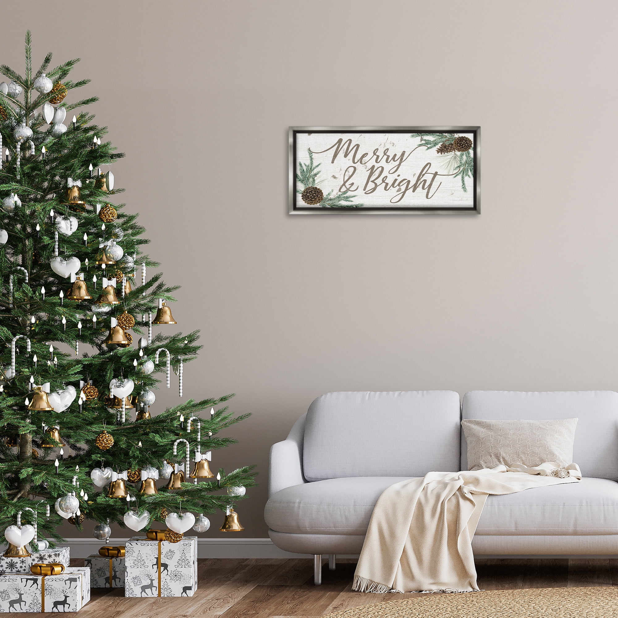 Stupell Industries Merry & Bright Festive Winter Holiday Painting Gray Floater Framed Canvas Art Print Wall Art, 31 x 14