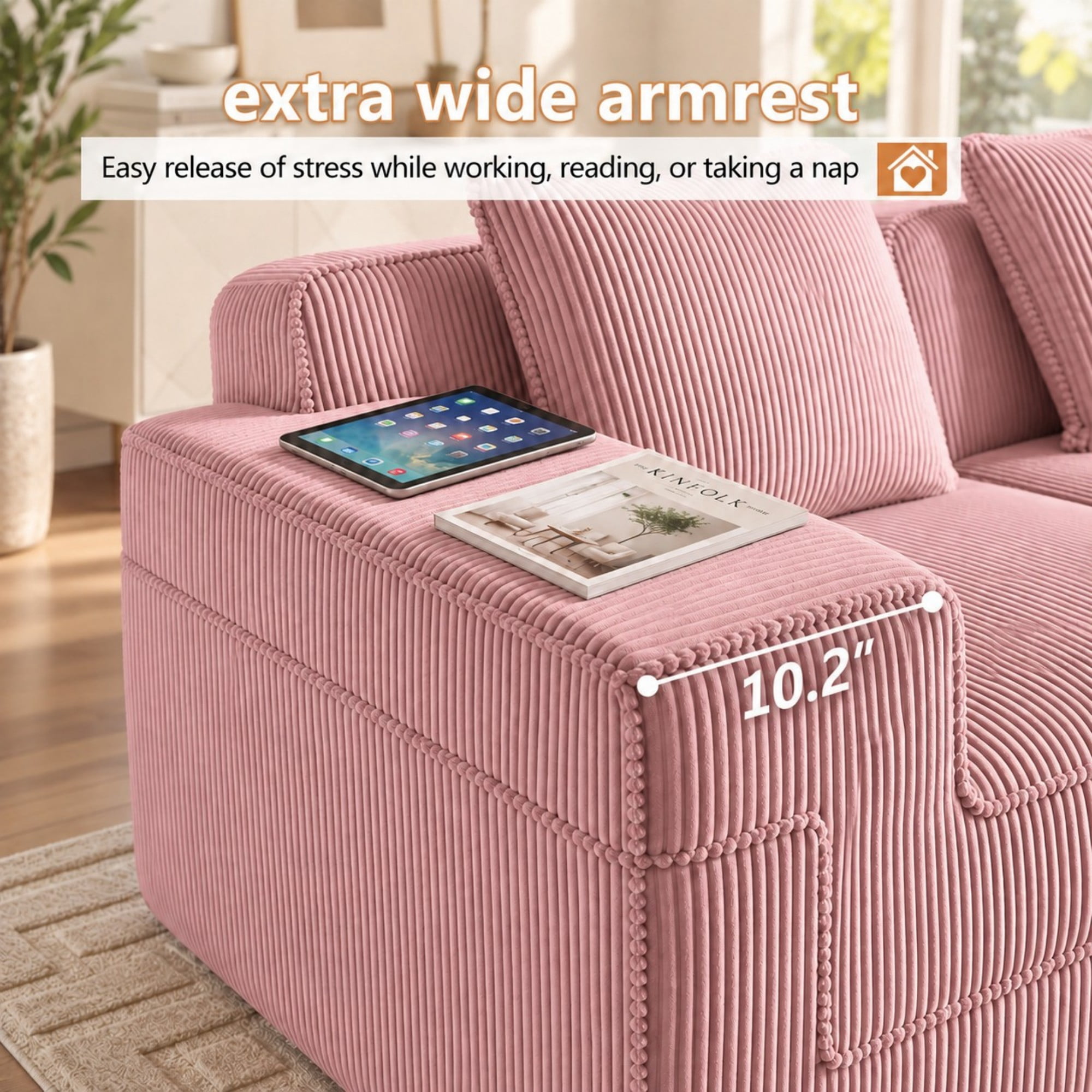 DEALTOPS 81" Modern Corduroy Floor Sofa, Modular 2-Seater Cloud Couch with Deep Seats & 2 Pillows, Pink