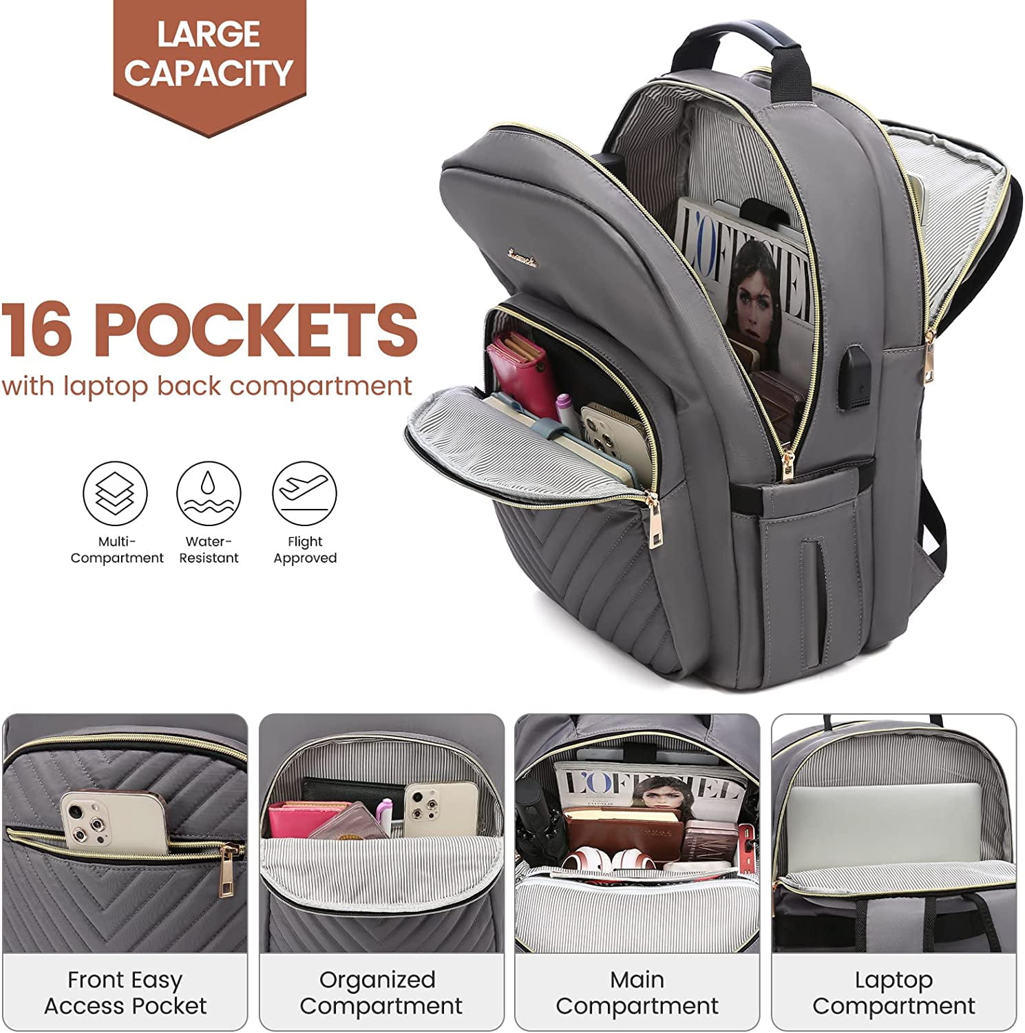 Lovevook Laptop Backpack for Women, 15.6" Quilted Travel Backpack with Anti-Thief Pocket, Teacher Backpack Book Bag Nurse Bag Purse with USB-Purple Gray