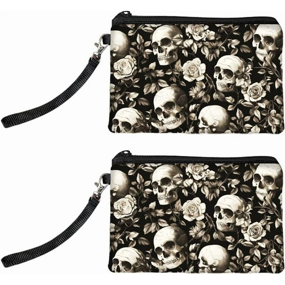 Original Designs Coin Purse for Women Girls Skull and Flower 2 Packs Change Purse with Zipper Durable and Soft Canvas Wallet Pouch for Travel Gift Polyester