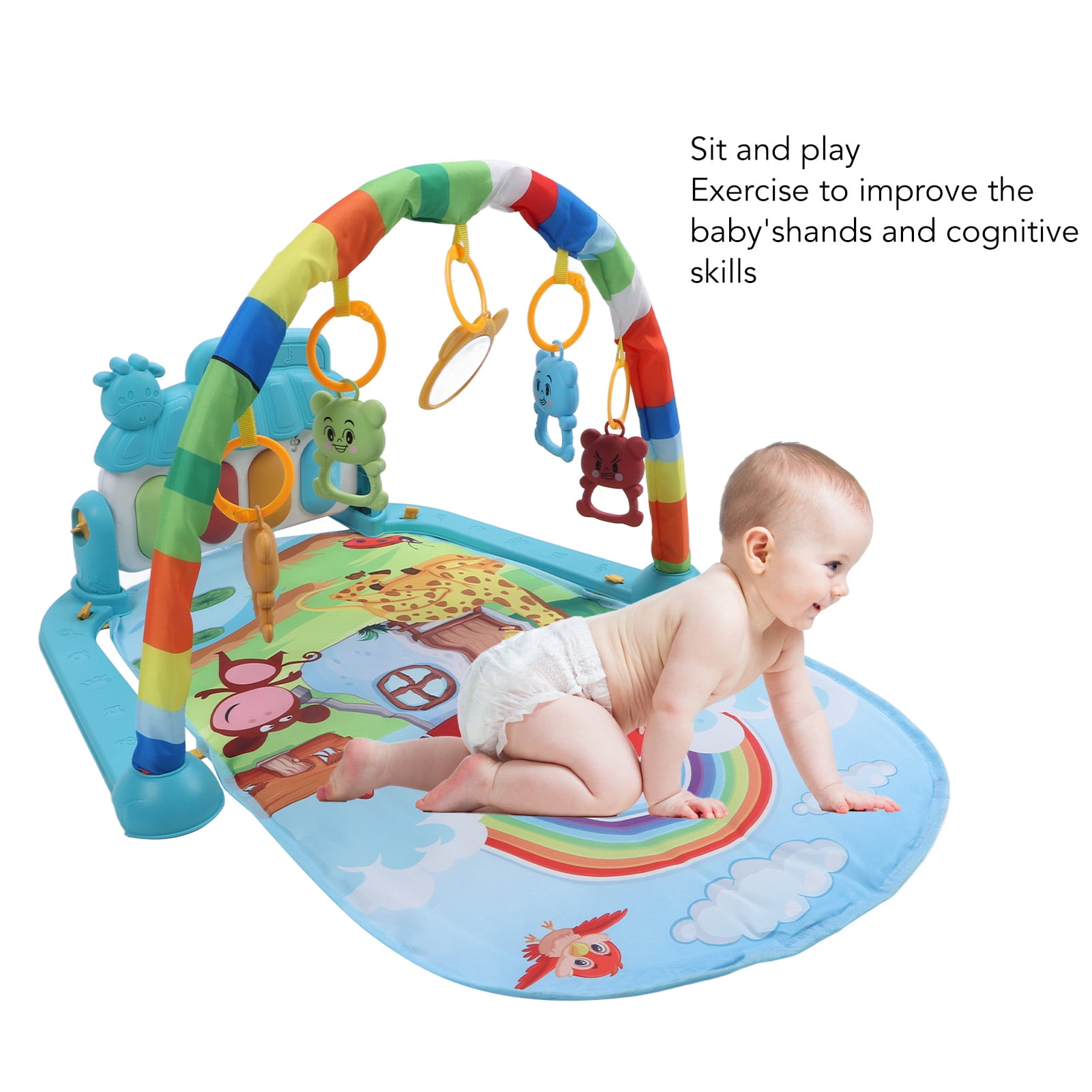 BIMZUC Baby Gym Play Mat Learning Sensory Sound Infant Kick Play Piano Mat Toy for Newborns Mushroom Animal Pattern Tummy Time Activity Center with Hanging Toys Portable Design 17.32 inches / 44 cm