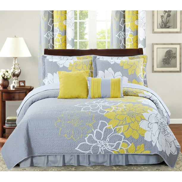 Piece Printed Reversible Bedspread Set, Yellow And Gray Twin Bedding