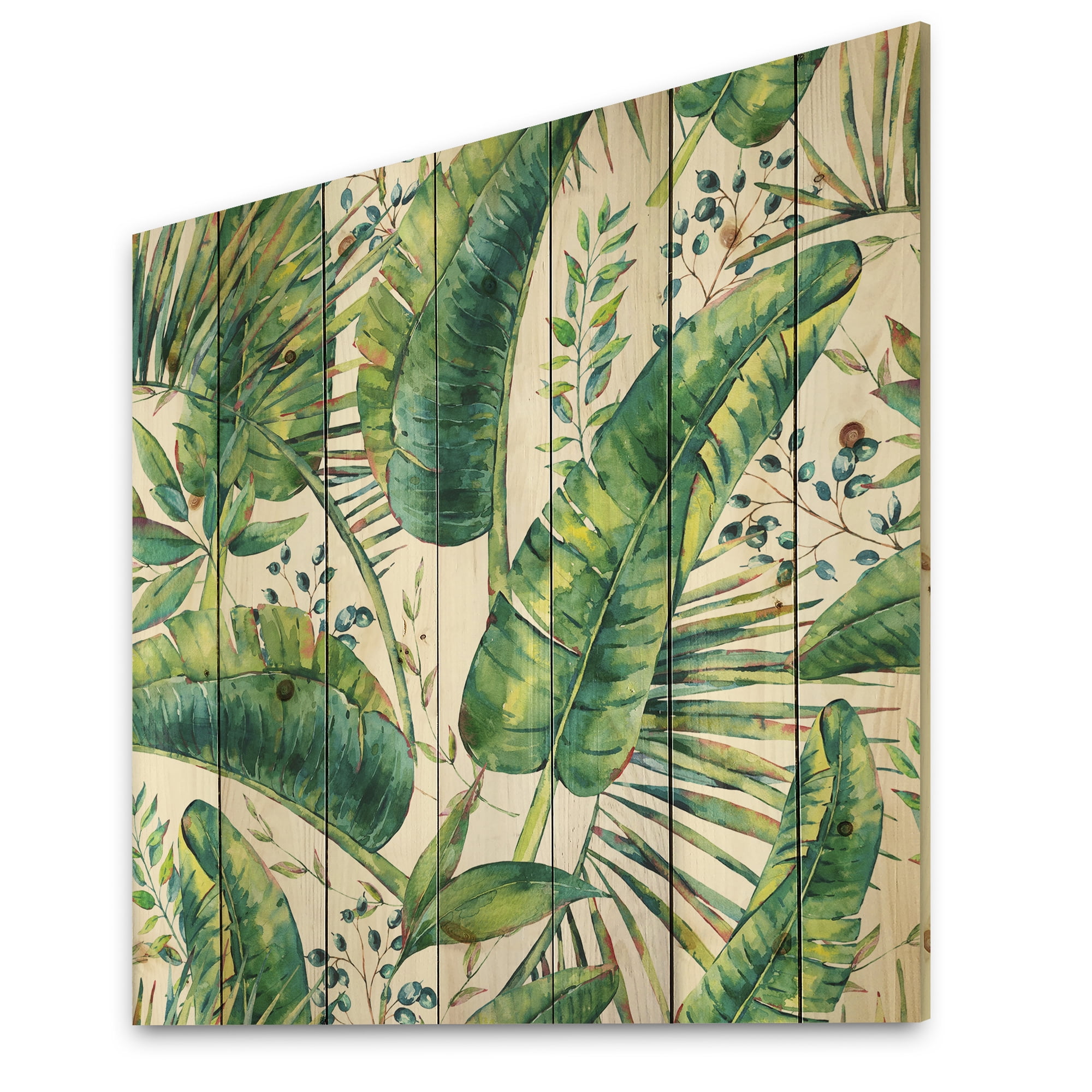 Designart 'Ancient Pattern Of Banana Leaves' Lake House Print on Natural Pine Wood