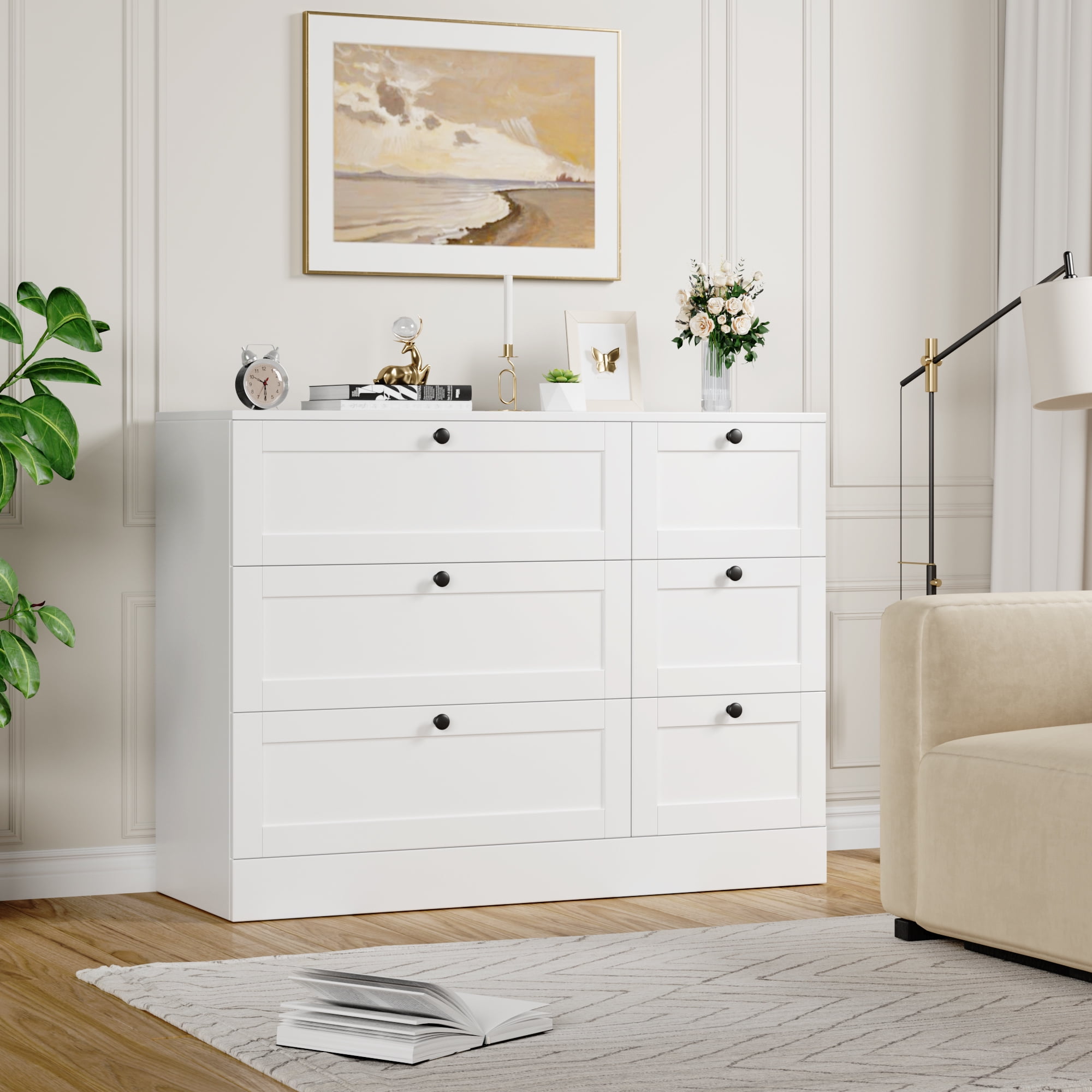 Homfa 6 Drawer White Double Dresser Wood Storage Cabinet Chest of Drawers for Bedroom Living Room