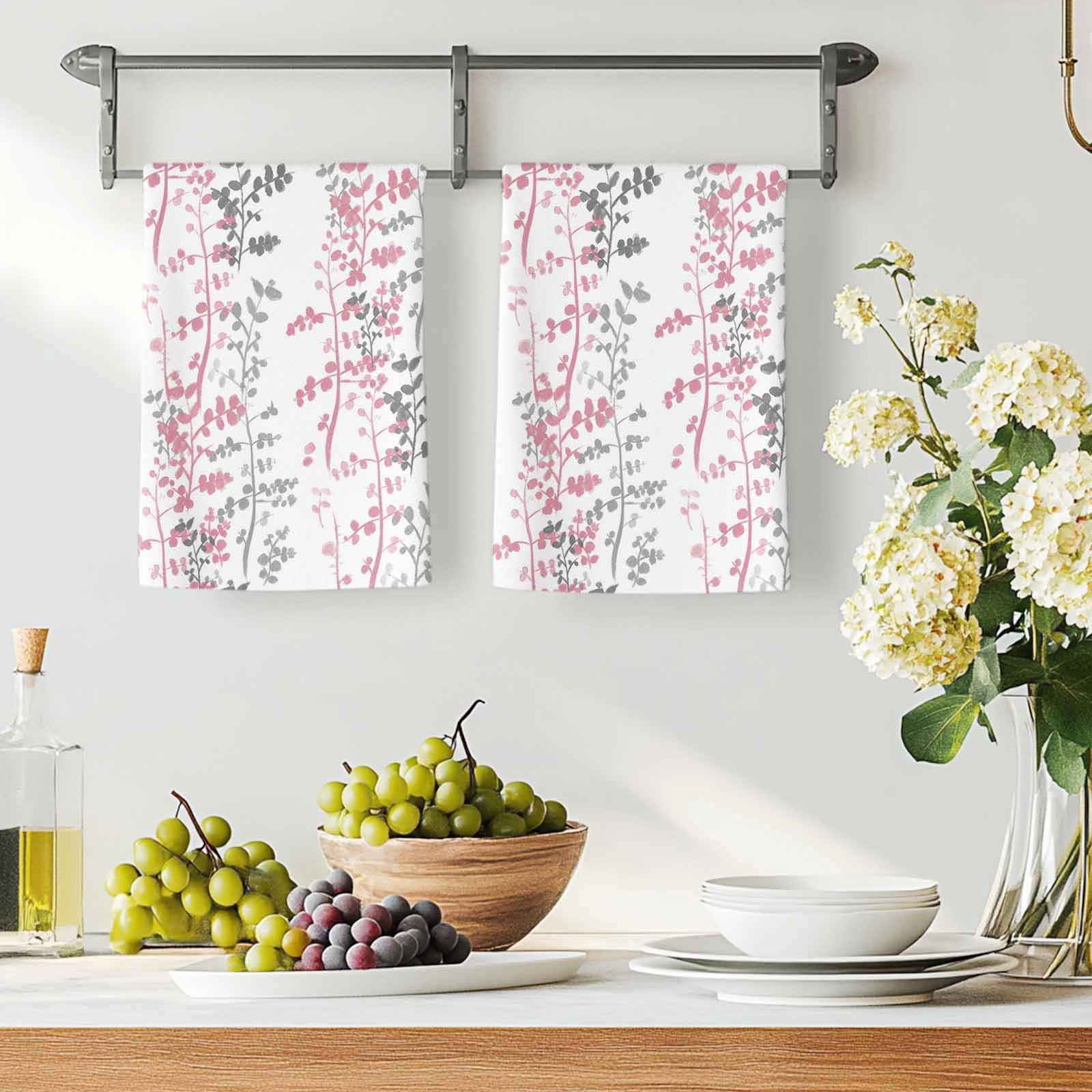 Dish Towels, Pink Leaf Absorbent Kitchen Towels 2 PCS, Grey Leaves Branches Microfiber Hand Towels Dish Cloths Tea Towels for Home&nbsp;Bathroom Cleaning Drying,18X28-Inch,