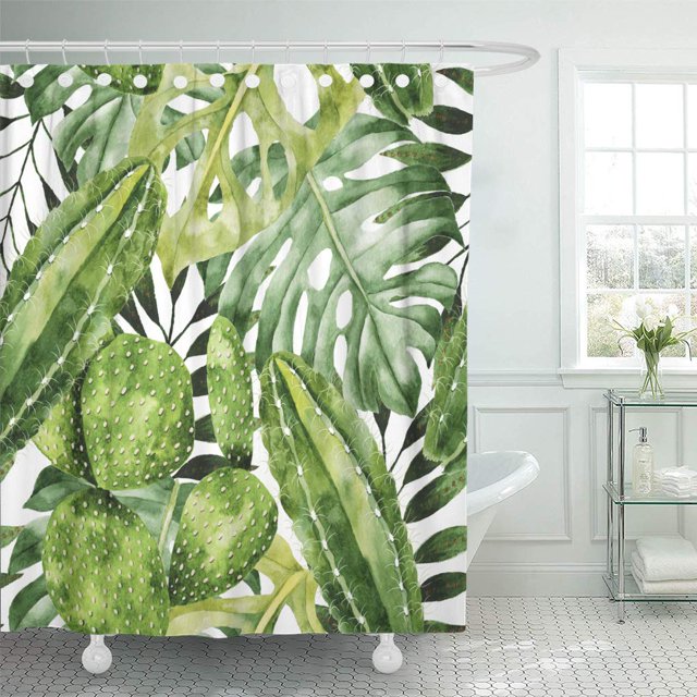 ABPHQTO Pintura Acuarela Patrones Sin Fisuras Plantas Tropicales y Suculentas Papel Pintado Cortina de Ducha 150x180 cm