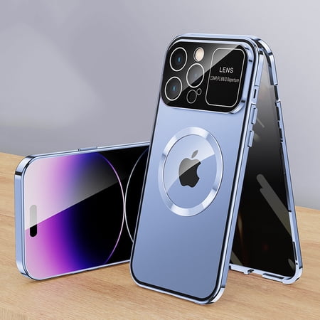 Anti Peeping Case for iPhone 12 Pro Max Compatible with MagSafe 360 Degree Full Protection Magnetic Absorption Metal Bumper Front Privacy Glass Back PC Matte Cover for iPhone 12 Pro Max, Blue