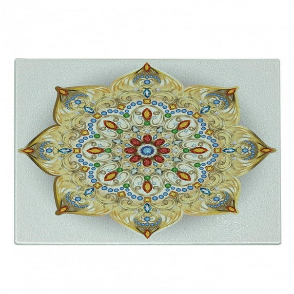 Mandala Cutting Board, Brooch Inspired Design Mandala Geometric Vintage Design Lively Digital Print, Decorative Tempered Glass Cutting and Serving Board, Small Size, Multicolor, by Ambesonne