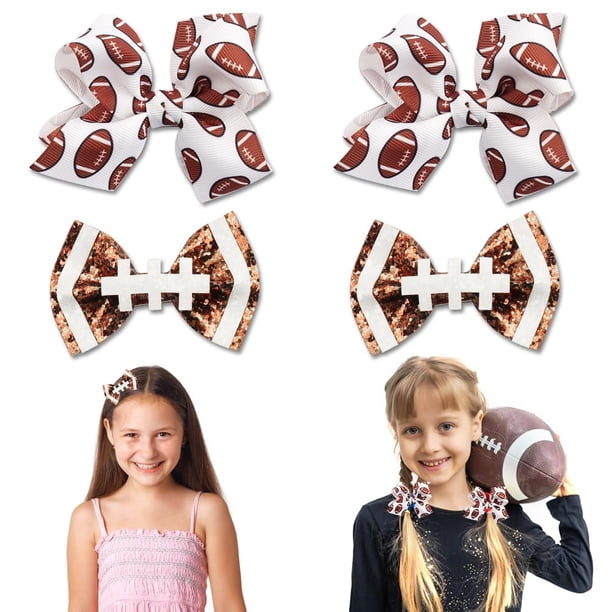 Paquete de 4 pinzas para el pelo de fútbol americano, pinzas para el pelo con lazo de piel sintética, horquillas para el pelo con cinta de grogrén para niñas y mujeres, suministros de accesorios para