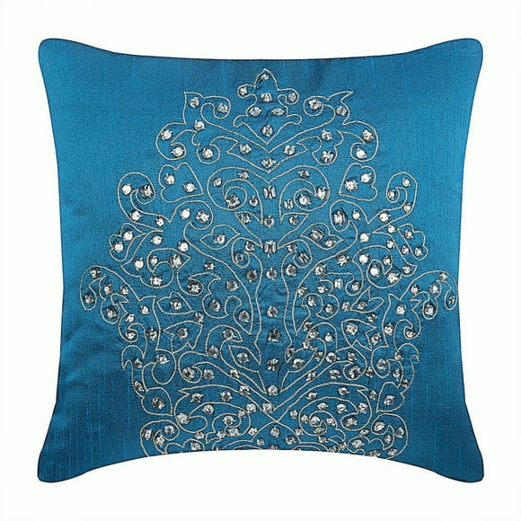 Royal Blue Pillow Cover 24x24 inch (60x60 cm), Designer Royal Blue Shams, Damask Zardozi Crystals Pillow Sham, 24x24 inch (60x60 cm) Pillow Sham, Square Silk - Damask Royal Blue