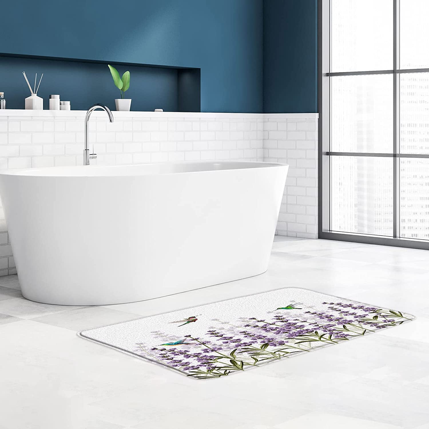 Lavender Hummingbird Bath Mat Spring Floral Purple Wild Flowers Bird Watercolor Flower Garden Romantic Valentine''s Day Bathroom Rug Kitchen Toilet Door Rugs Memory Foam 16 x 48 Inch