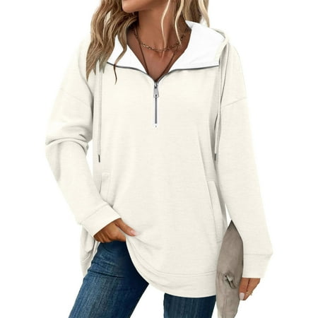 ClodeEU Women s Hooded Drawstring Sweatshirt Half Zip Pullover With Pockets Beige Womens Plus XXL