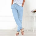 thumbnail image 2 of BODOAO Linen Pants Women Comfy Elastic Waist Drawstring Cotton Pants Lightweight Tapered Lounge Vacation Beach Pants Elastic Waist Pants Casual Trousers with Pockets Sky Blue S, 2 of 9