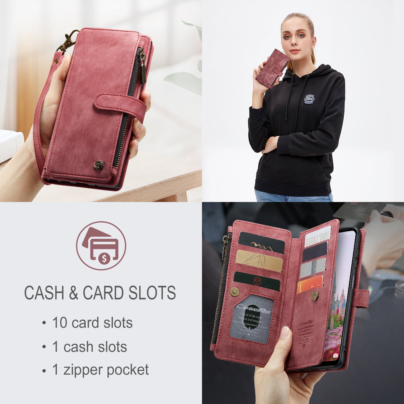 Dteck Wallet Case for Samsung Galaxy S25 Ultra,Magnetic Retro Leather Case Flip Folio Zipper Purse with Card Holder Slot Kickstand Shockproof Phone Cover for Samsung Galaxy S25 Ultra 5G,Red