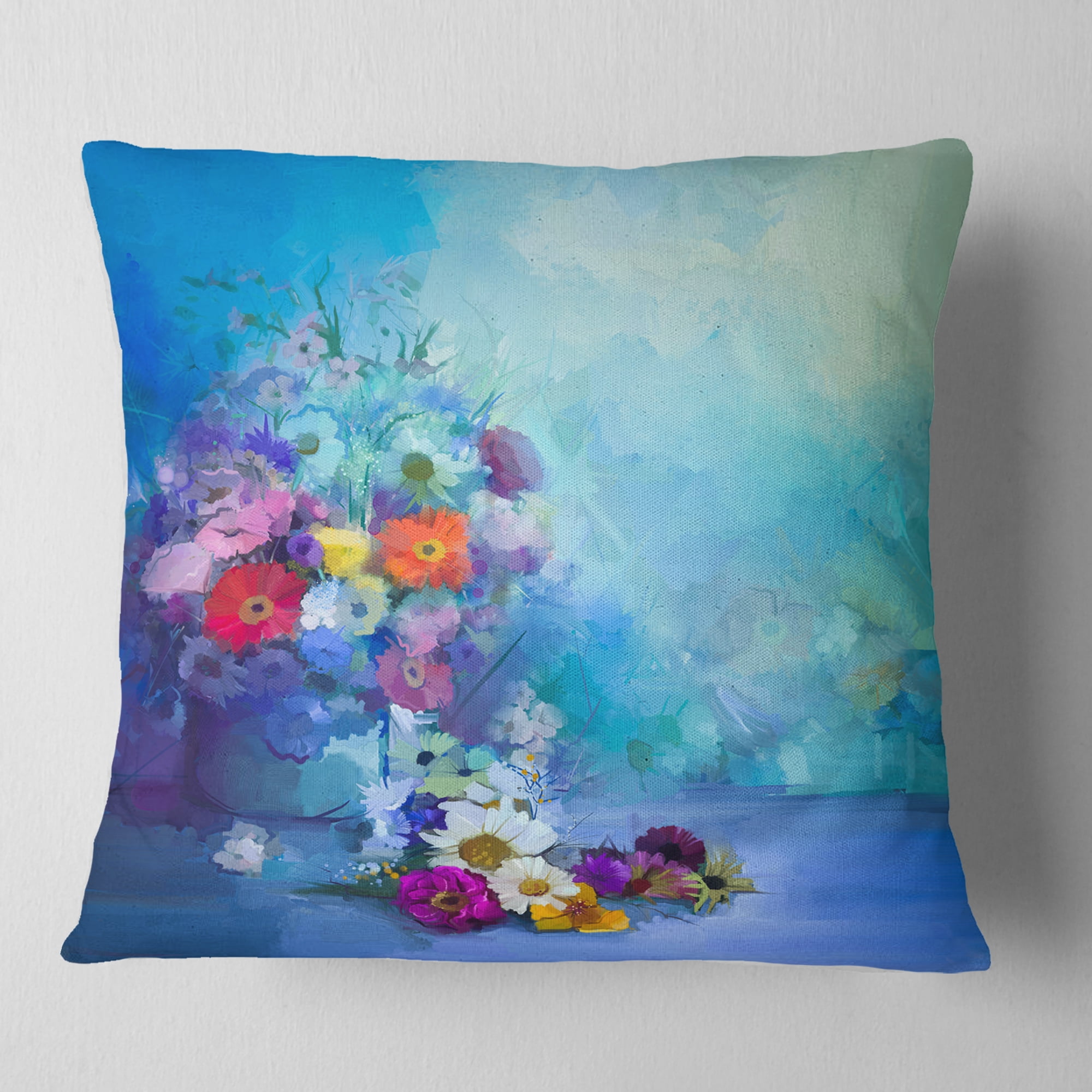 Designart Little Flowers on Blue Background - Floral Throw Pillow - 16x16
