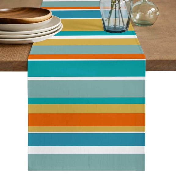 Table Runner 72 Inches Long for Kitchen Dining, Blue Teal Orange Striped Dresser Scarf Farmhouse, Dining Table Decorations for Wedding/Parties, Farmhouse Stripe 16 x 72 In