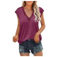 thumbnail image 2 of Usmixi Womens Tops Solid Short Sleeve V-Neck Tee Shirts Summer Lace Trim Breathable Soft Loose Workout Tops Blouses Wine M, 2 of 6