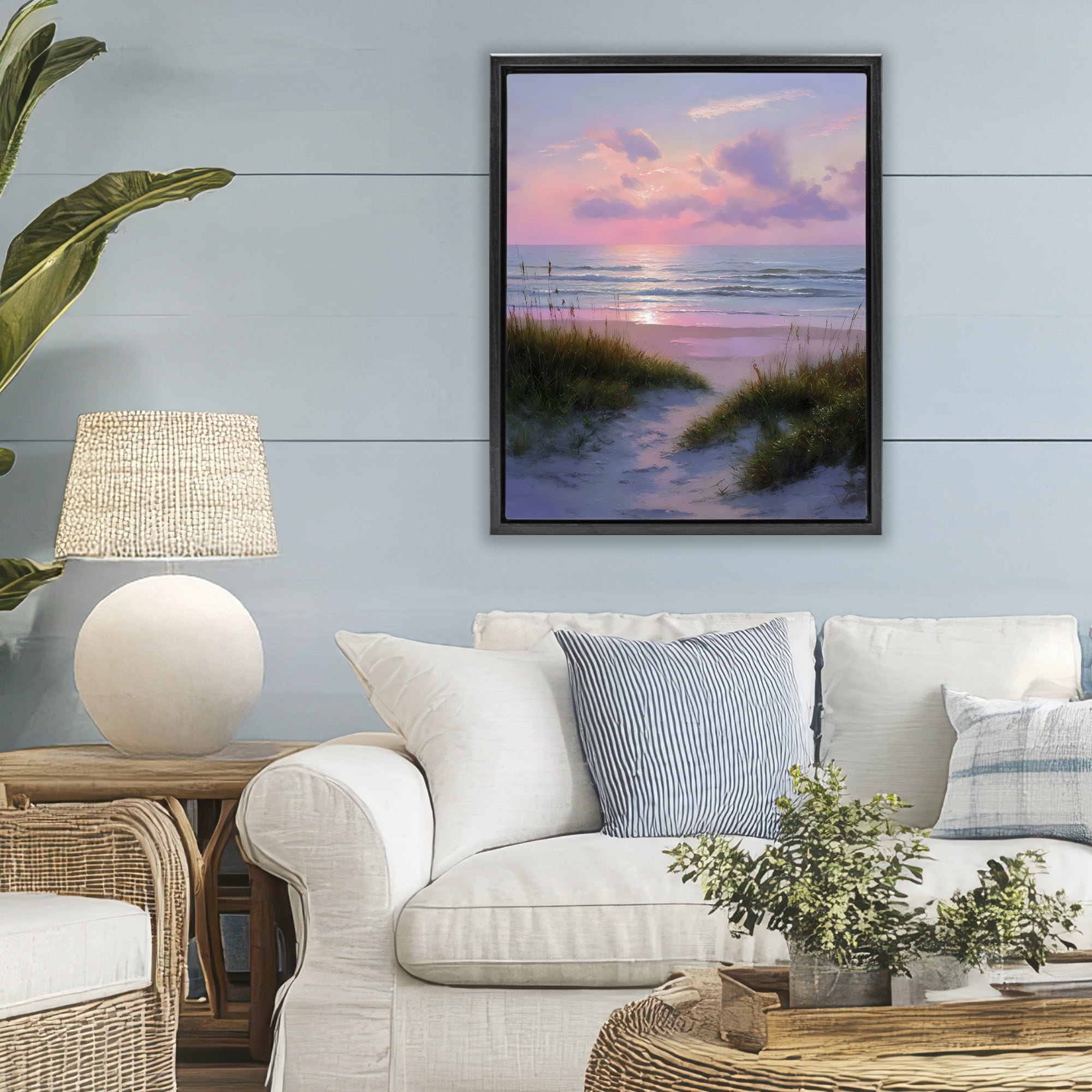 Stupell Industries Romantic Beach Sunset in Pink Black Framed Floater Canvas Wall Art, design by Franklyn Gregory