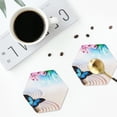 thumbnail image 4 of Naloa Butterfly In Blossoms Zen Leather Coasters for Drinks, Durable Drink Coasters 4 Set for Tabletop Protection, Luxurious Home Décor and Housewarming Gift ( {designName})Hexagon, 4 of 6