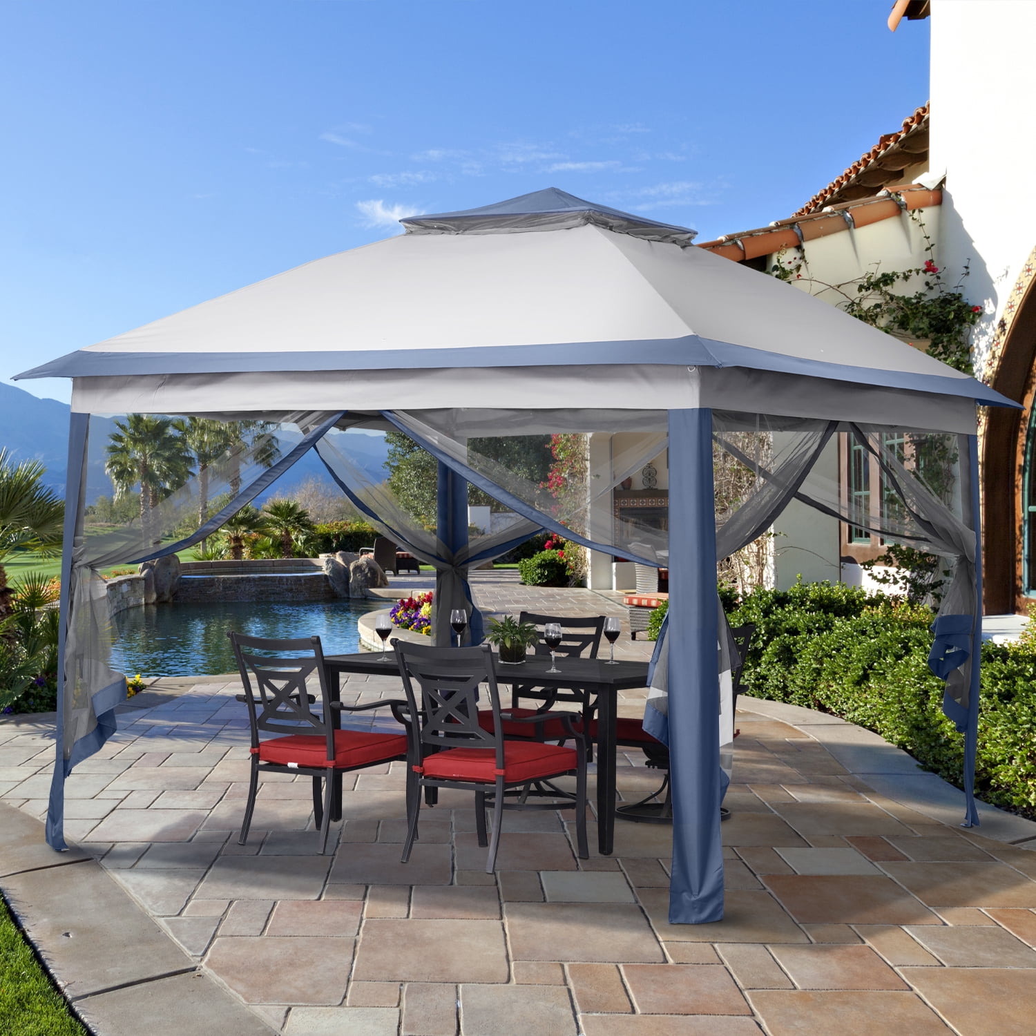Ainfox 11x11 ft Outdoor Patio Pop Up Canopy Gazebo with Heavy Duty Frame, Mosquito Netting & UV Protection,Navy Blue
