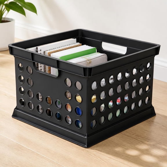 Black Plastic File Storage Crate, Hollow Ventilated Design With Integrated Carry Handles, Stackable Organizer Bin for Office Documents, Letter Size Paper, Books and Household Sundries, for Home, Clas