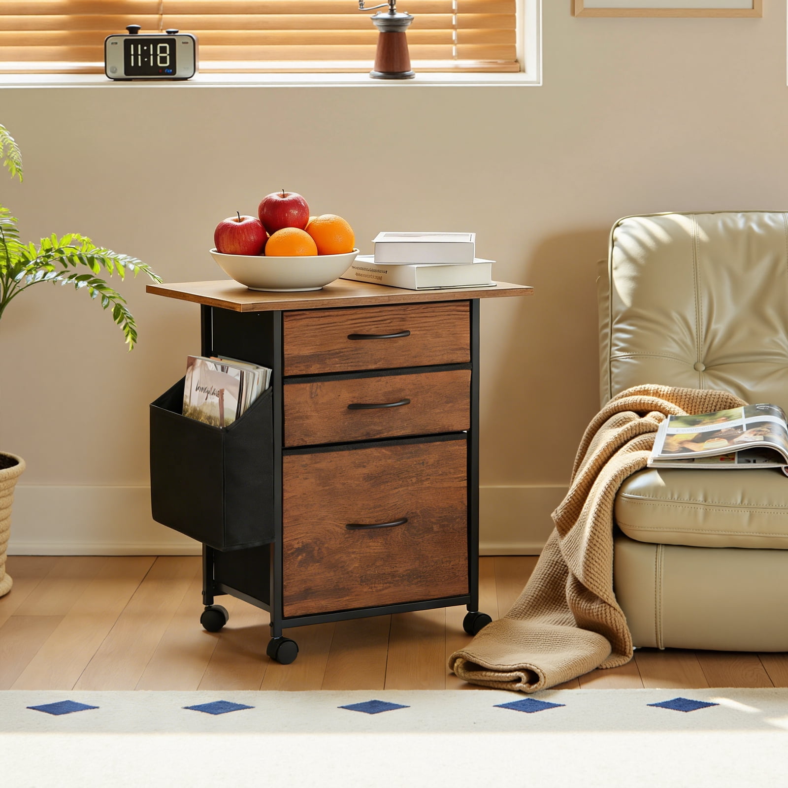 KATHY&BOB Printer Stand with 3 Fabric Drawers, Mobile File Cabinet, Desk Table Cabinet Fits A4 Letter Size, Home Office Furniture, Brown
