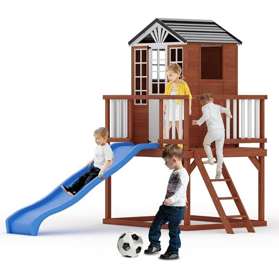 Roromall Outdoor Playhouse with Slide, 2 Story Wooden Playhouse with Climbing Wall, Elevated Cedar Wooden Kids Playhouse